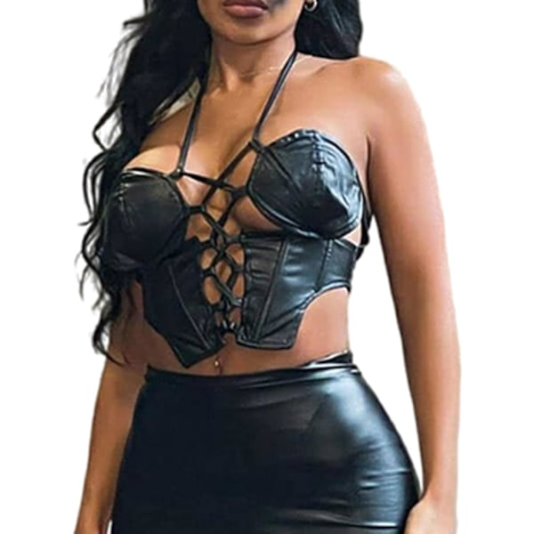 2025 Senaste Modell Dam Sexig Justerbar Spaghetti PU Läder Bustier Crop Tubtopp Rave Dans Urskuren Cami Linne