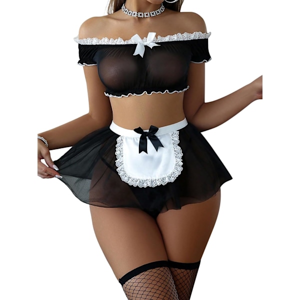 2025 Senaste Modell Sexiga Strumpor Mini Kjol Mesh Transparent Spets Cosplay Kostym Outfit Underkläder med Stringtrosor Set 4 Delar Svart Medium