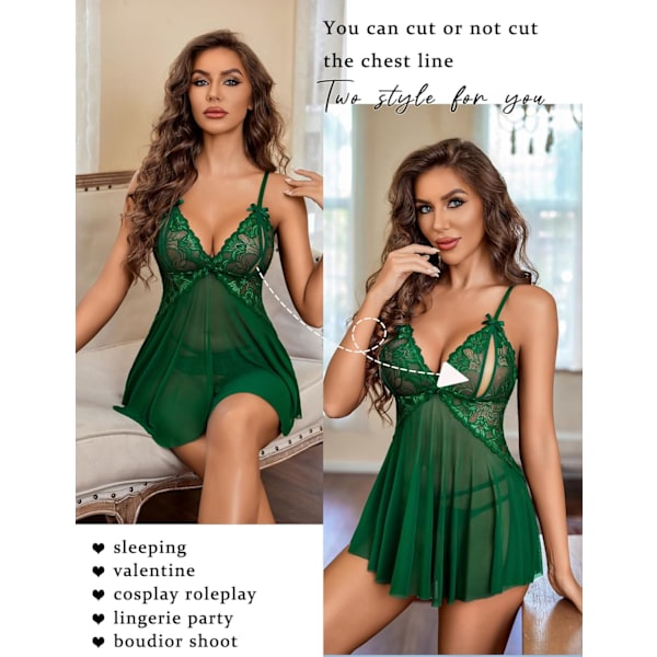 2025 Senaste Modell Sexiga Underkläder för Kvinnor Spets Babydoll Chemise V Ringad Mesh Nattkläder Boudoir Outfits Grön Large