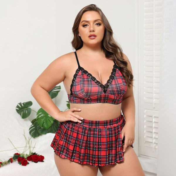 2025 Senaste Modell Dam Plus Size Underkläder Skolflicka Outfit Sexig Rollek Student Underklädesset 2 Delar Rutig BH och Minikjol Röd