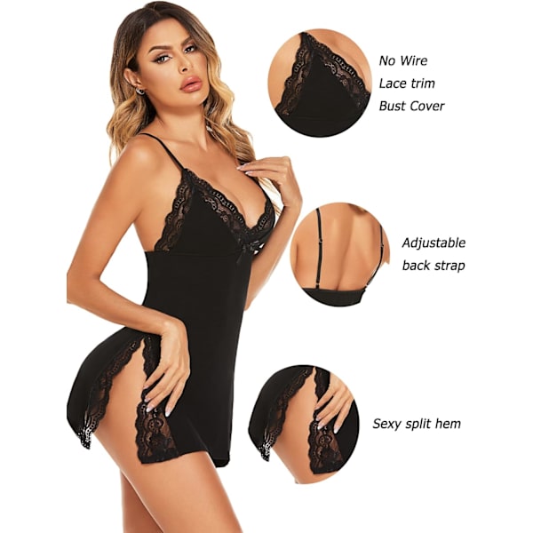 2025 Senaste Modell Damunderkläder Sexiga Nattkläder Spaghettiband Nattlinne Babydoll Chemise Svart Medium
