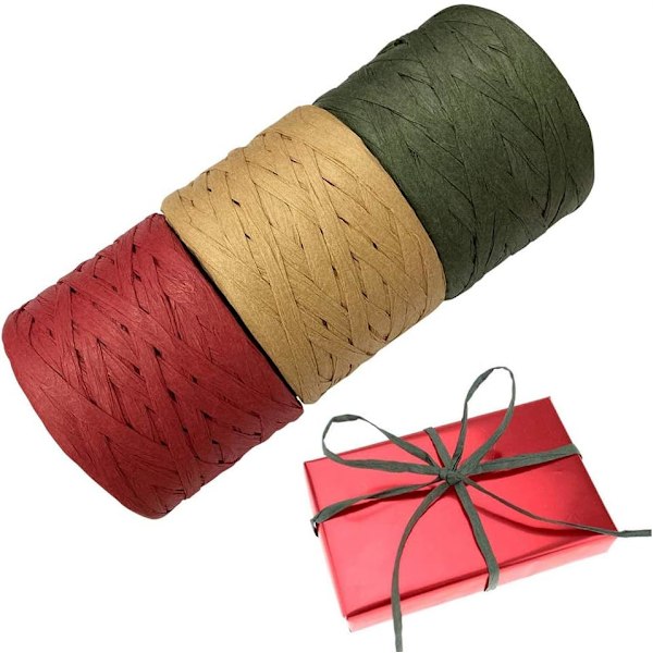 Raffia Band, 3 Rullar 150 Meter Röd Grön Kraft, Packpapper Garn för Jul, 50 Meter per Rulle