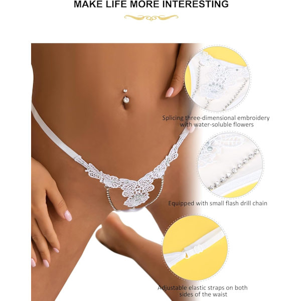 2025 Senaste Modell G-String Trosor för Kvinnor Slampiga Sexiga Trosor med Pärla Plus Size Spets T-Back Brief Underkläder G-String Lingerie Wh