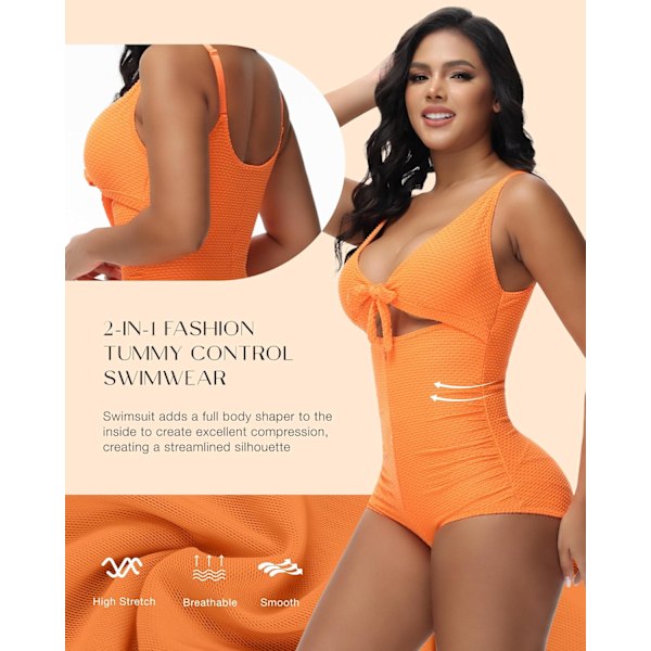 Dam Baddräkt med Magkontroll, Hel Baddräkt, Utskuren, Knytdetalj Fram, Bikini Push Up, Orange, X-Large
