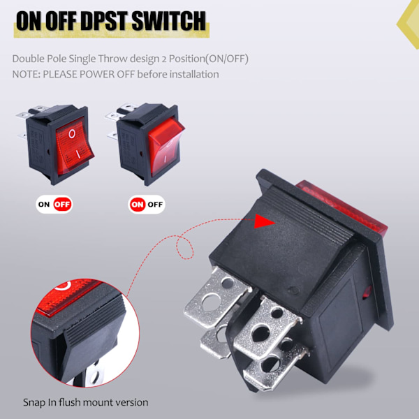 2 st Växelströmbrytare med vippa AC 10A/125V 6A/250V DPST - Röd LED-belysning Båtväxelströmbrytare