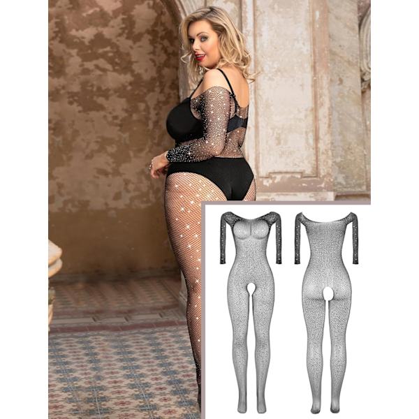 2025 Senaste Modell Dam Strass Fisknätsstrumpa Mesh Glittrig Långärmad Hel Jumpsuit Plus Size Sexiga Underkläder Mjuk Svart