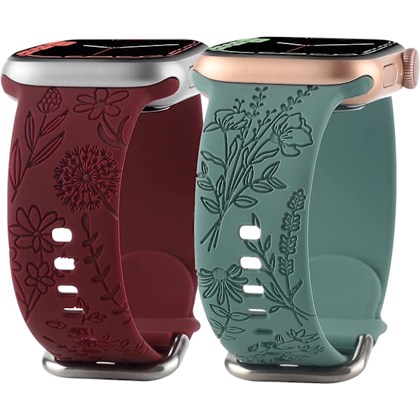 Blommig Graverad Silikonarmband Kompatibel med Apple Watch Wine Red Green 38/40/41mm