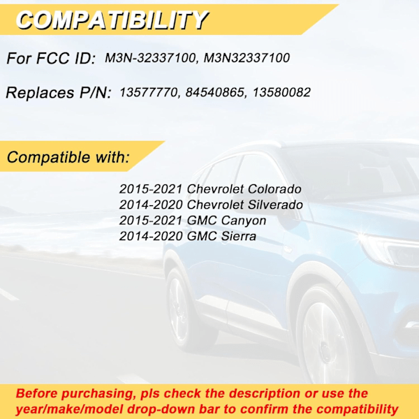 Nyckelbricka Ersättning för 2014-2020 Chevy Silverado 1500 2500 3500/15-21 Colorado/ 2015-2021 GMC Canyon/ 14-20 Sierra Bil Nyckellös Enhet