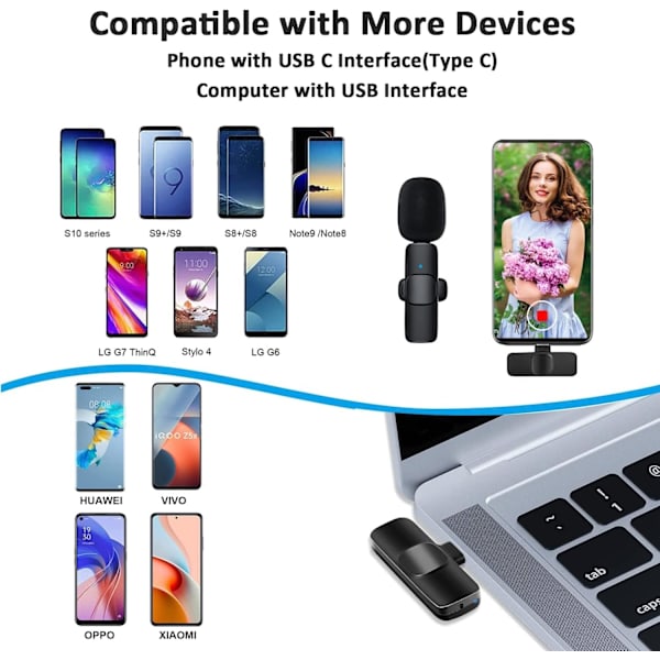 Trådlös Lavalier Slagmikrofon för iPhone Android Telefon Laptop - Bluetooth Mini Mikrofon med USB C Gränssnitt för YouTube Tiktok Videoinspelning