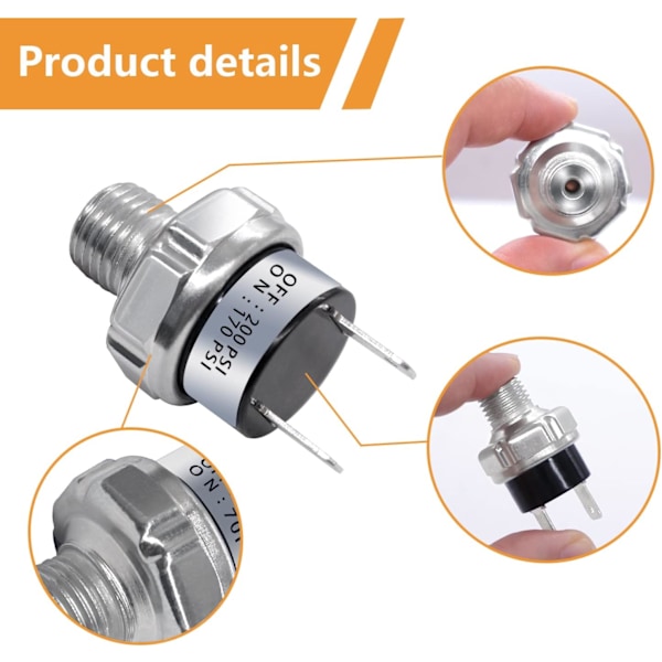 Högkvalitativ helt ny Lufttryckskontakt 170-200 PSI Gänga 1/4\" NPT 24V 12V DC Luftkompressor Tryckkontakt för Lufttuta Tra