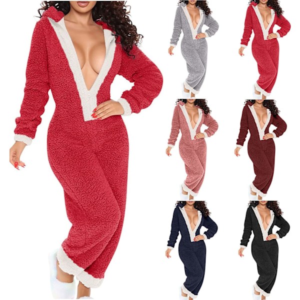 2025 Senaste Modell Onesie Pyjamas för Kvinnor med Baklucka Sherpa Fleece Hooded Jumpsuit Sexig Djup V-ringning Långärmad Rompers Sovkläder