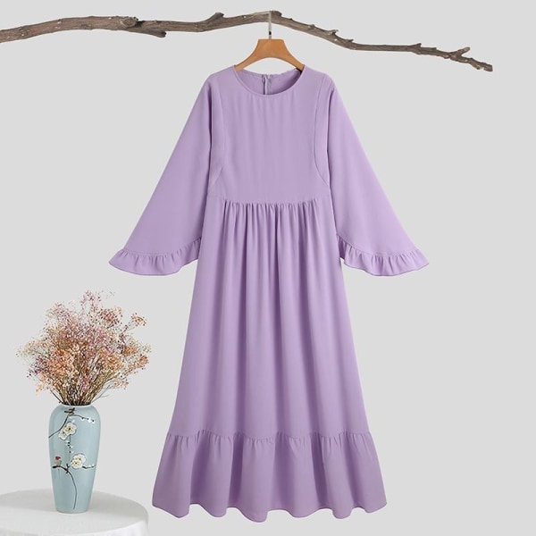 Muslimsk klänning, casual volangärmar, rund hals Purple 2XL