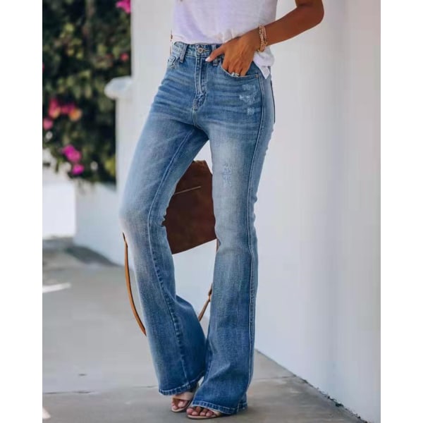 Högmidjade elastiska mikroutsvängda jeans för dambyxor M