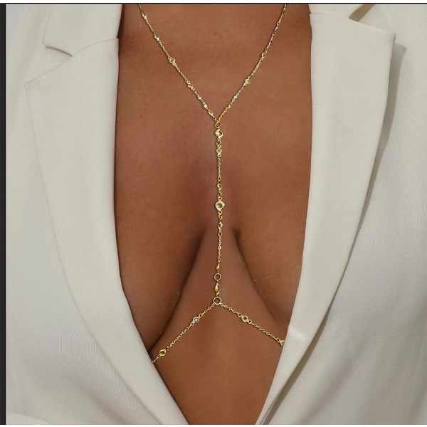 Crystal Body Chain för kvinnor, sexig 14K guld halsband midja Bdoy c-R12800