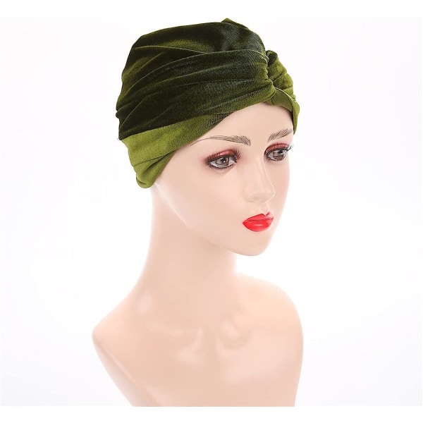 Kvinnors stretchiga sammetsvridna plisserade hårwrap turbanhatt Army Green