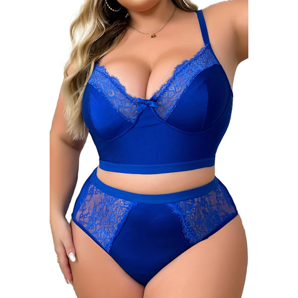 2025 Senaste Modell Dam Plus Size 2-Dels Underklädesset Blommigt Sexigt Mesh Skir V-ringning 3/4 Cup Spetskläder Blå 3X-Large