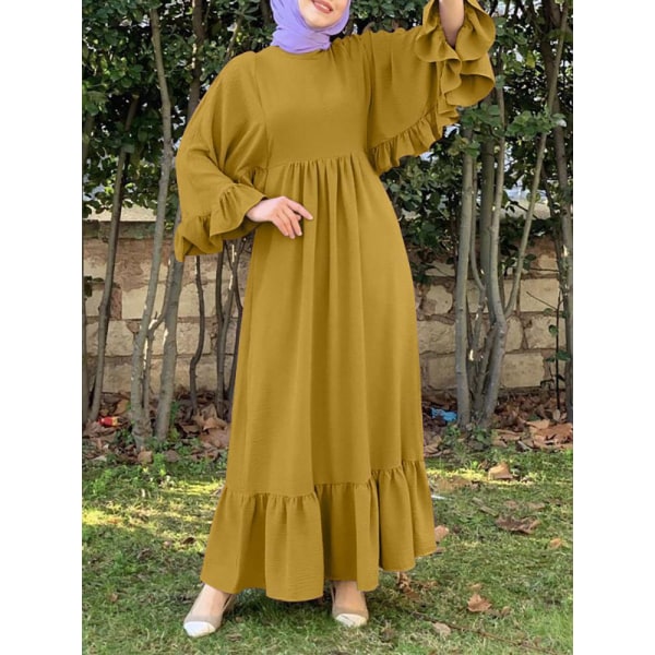 Muslimsk klänning, casual volangärmar, rund hals yellow L