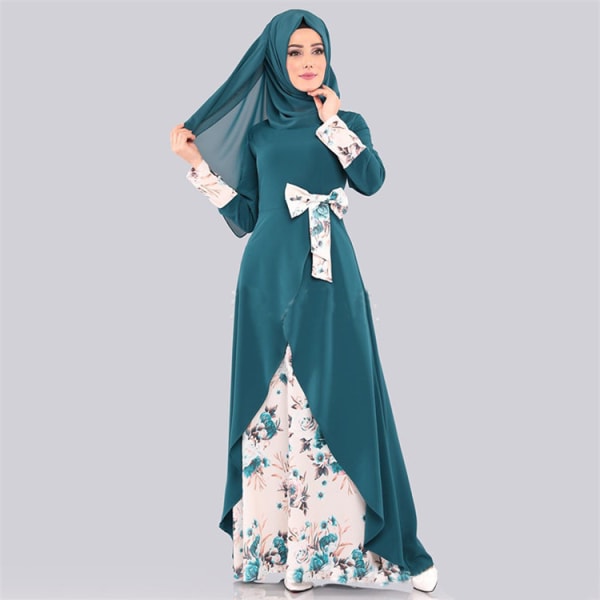 Muslimsk klänning med löst printed , Slim Fit, långärmad tröja green 3XL