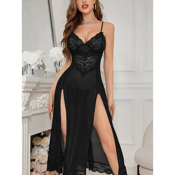 2025 Senaste Modell Sexig Delad Mesh Spets Blommig Transparent Babydoll Underkläder Outfit Klänning 2 Delar med Stringtrosa Set Lång Svart Small