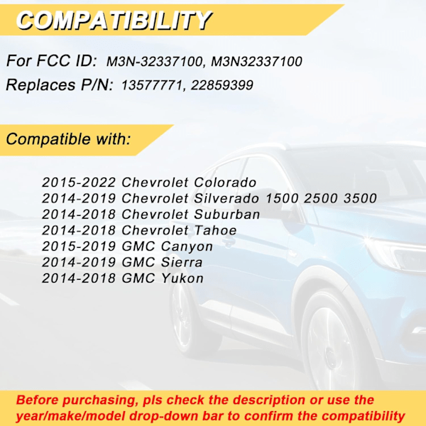 Nyckelbricka Ersättning för 2014-2019 Chevy Silverado GMC Sierra 1500 2500 3500/14-18 Suburban Tahoe Yukon/ 15-22 Colorado/ 15-19 GMC