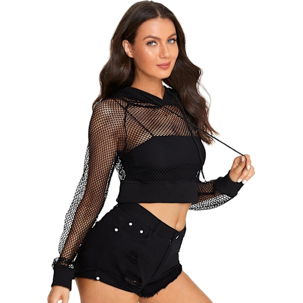2025 Senaste Modell Dam Sexig Långärmad Fisknäts Pullover Hooded Genomskinlig Mesh Crop Top