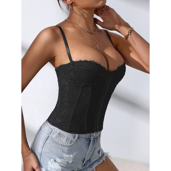 Kvinnors spetsbustier korsett topp spaghettiband kors kors Black XL