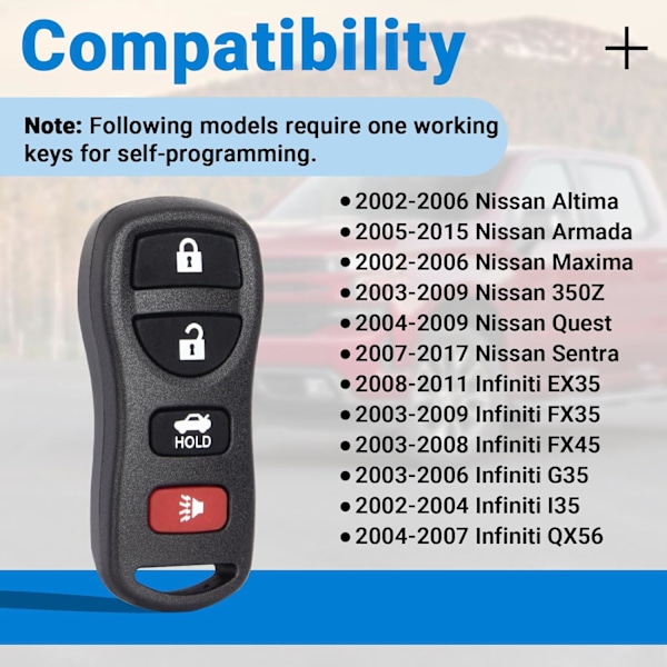 Fjärrkontroll för nyckellöst system, bilnyckel kompatibel med 2002-2017 Nissan Altima/Armada/Maxima/350Z/Quest/Sentra/Infiniti EX35/FX3