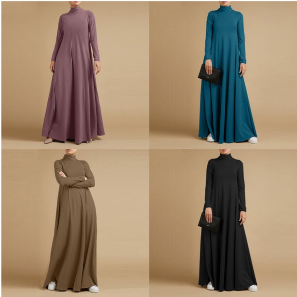 Elegant muslimsk enfärgad höghalsad långärmad klänning Blue S