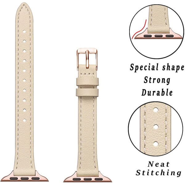 Smala läderband som är kompatibla med Apple Watch Band 38 mm Beige with Rose Gold 42mm/44mm/45mm/49mm