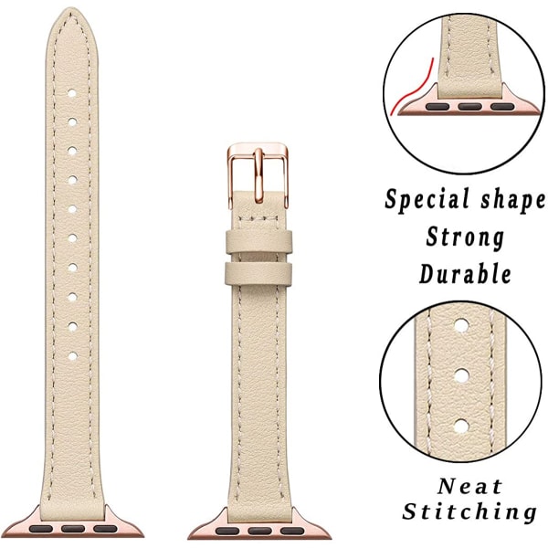 Smalt läderband kompatibelt med Apple Watch Band 38mm Beige with Rose Gold 42mm/44mm/45mm/49mm