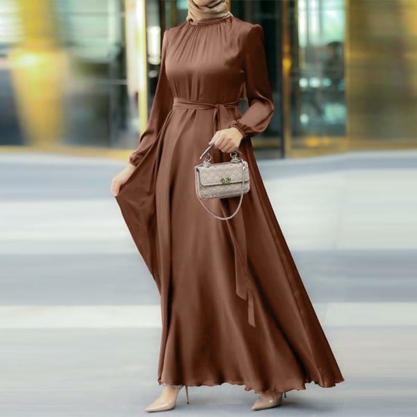 Muslim Daily Leisure Klänning med rund krage med långt bälte coffee XL