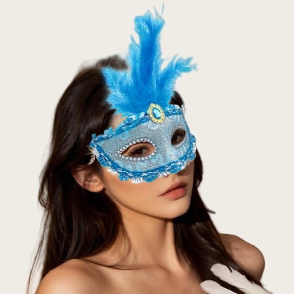2025 Senaste Modell Blå Fjäder Maskeradmask för Kvinnor Venetianska Ögonmasker För Fest Gotisk Blå Maskerad Karnevalsmask Mardi