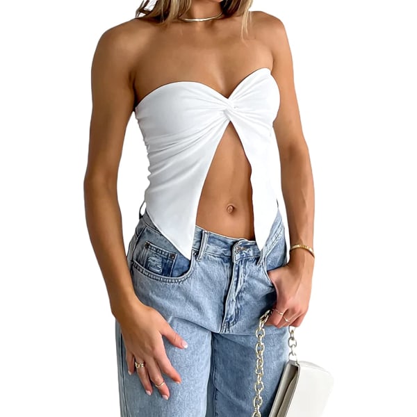 Dam Denim Push Up Bustier Tube Top Axelbandslös Button Up #T White L
