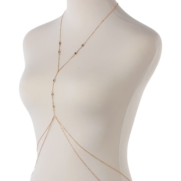 Guld Sexig Body Chain Crossover Tunn BH Bikini Rhinestone Gold-1145