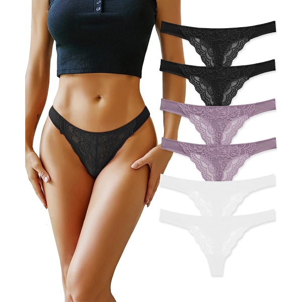 Bomullstrosor för kvinnor Sexiga spetstrosor Underkläder T Back 6 Pack E M