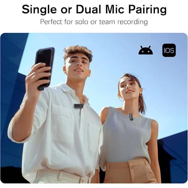 Trådlös Lavalier Mikrofon för iPhone/Android/iPad (2 TX + 2 RX + Laddningsfodral), Mini Mikrofon med Brusreducering, 22H Batteri, 40m Räckvidd