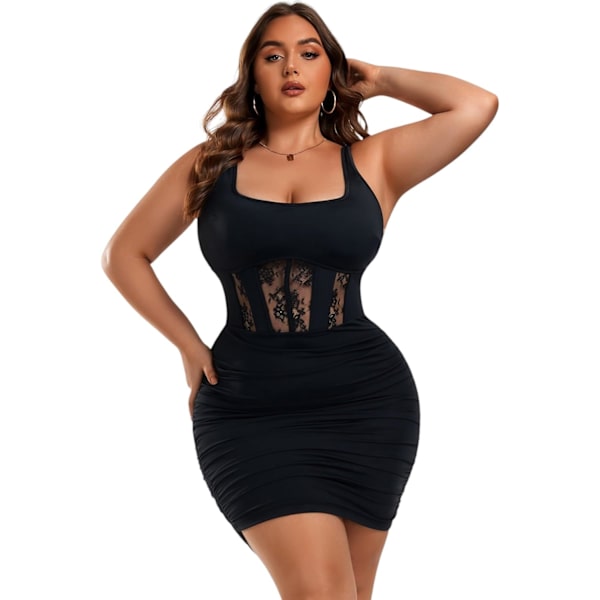2025 Senaste Modell Dam Plus Size Sexig Rynkad Bodycon Klänning Ärmlös Fyrkantig Hals Klubb Party Klänningar Svart 3X-Large Plus
