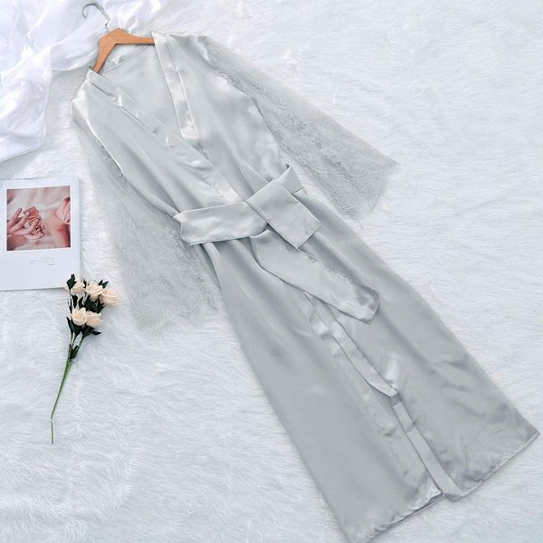 2025 Senaste Modell Dam Satin Lång Nattlinne Siden Spets Underkläder Nattlinne Sovkläder Sexig Morgonrock Underkläder för Kvinnor Plus Size (Grå