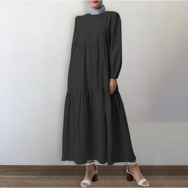 Muslim enkel lång klänning, enfärgad, rund hals, lång ärm black L