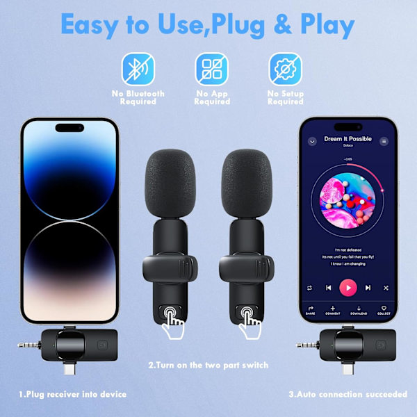 3 i 1 Trådlös Lavalier Mikrofon för iPhone Android Kamera USB-C, Brusreducerande Trådlös Mini Mikrofon för YouTube, Videoinspelning