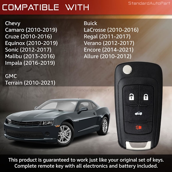 4-knapps fällbar nyckelbricka kompatibel med Chevy Cruze Equinox Sonic Malibu Impala Camaro Terrain Lacrosse Regal Verano Encore Allure O
