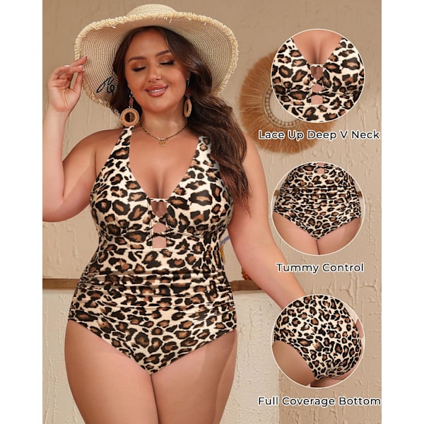 2025 Senaste Modell Dam Plus Size Baddräkt i Ett Stycke Magkontroll Baddräkter Snörning Djup V-ringning Badkläder Leopard 16 Plus
