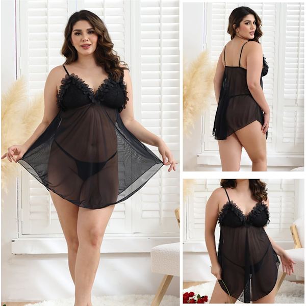 2025 Senaste Modellen Plus Size Underkläder för Kvinnor Spets Babydoll Mesh Nattkläder, Sexig Chemise med Band Svarta 3X-Large
