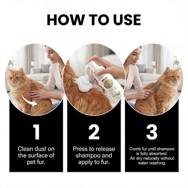 No-rinse shampoo til katte: Renser lugte, efterlader pelsen glat og frisk.