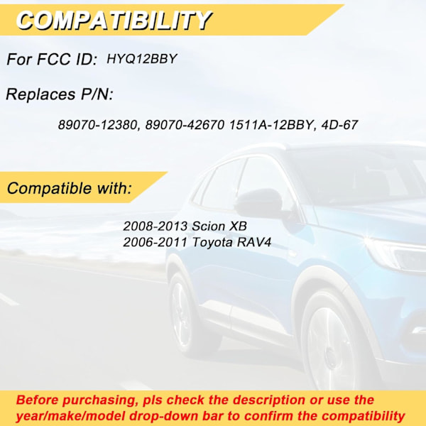 Nyckelbricka Ersättning för 2006-2011 Toyota RAV4/ 2008-2013 XB Bil Nyckellös Fjärrkontroll, HYQ12BBY 4D67 Chip, 3 Knappar