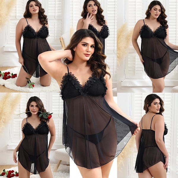 2025 Senaste Modellen Plus Size Underkläder för Kvinnor Spets Babydoll Mesh Nattkläder, Sexig Chemise med Band Svarta 3X-Large