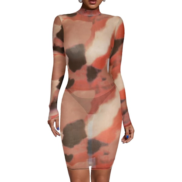 2025 Senaste Modell Dam Sexig Genomskinlig Mesh Tryckt Långärmad Mini Bodycon Nattklubbsklänning Festklänning
