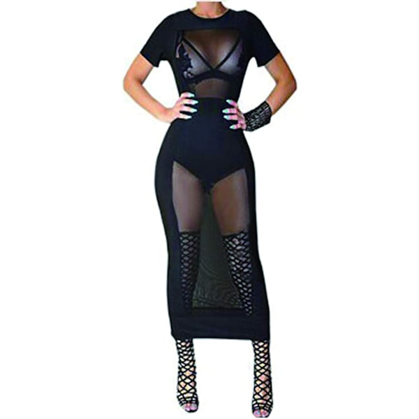 2025 Senaste Modell Dam Sexig Genomskinlig Nätklänning Kortärmad Midi Bodycon Party Klubbklänning S-3XL