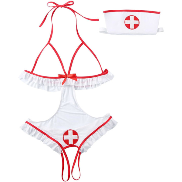 2025 Senaste Modell Underkläder för Kvinnor Sjuksköterska Cosplay Uniform Rollspelsdräkt med Hatt Fancy Nattlinne Stygga Babydolls Vit One Size