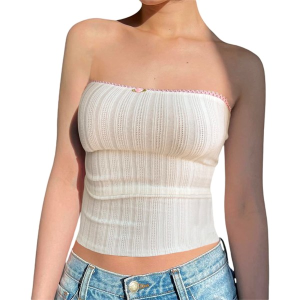 Dam Denim Push Up Bustier Tube Top Axelbandslös Button Up #W White L